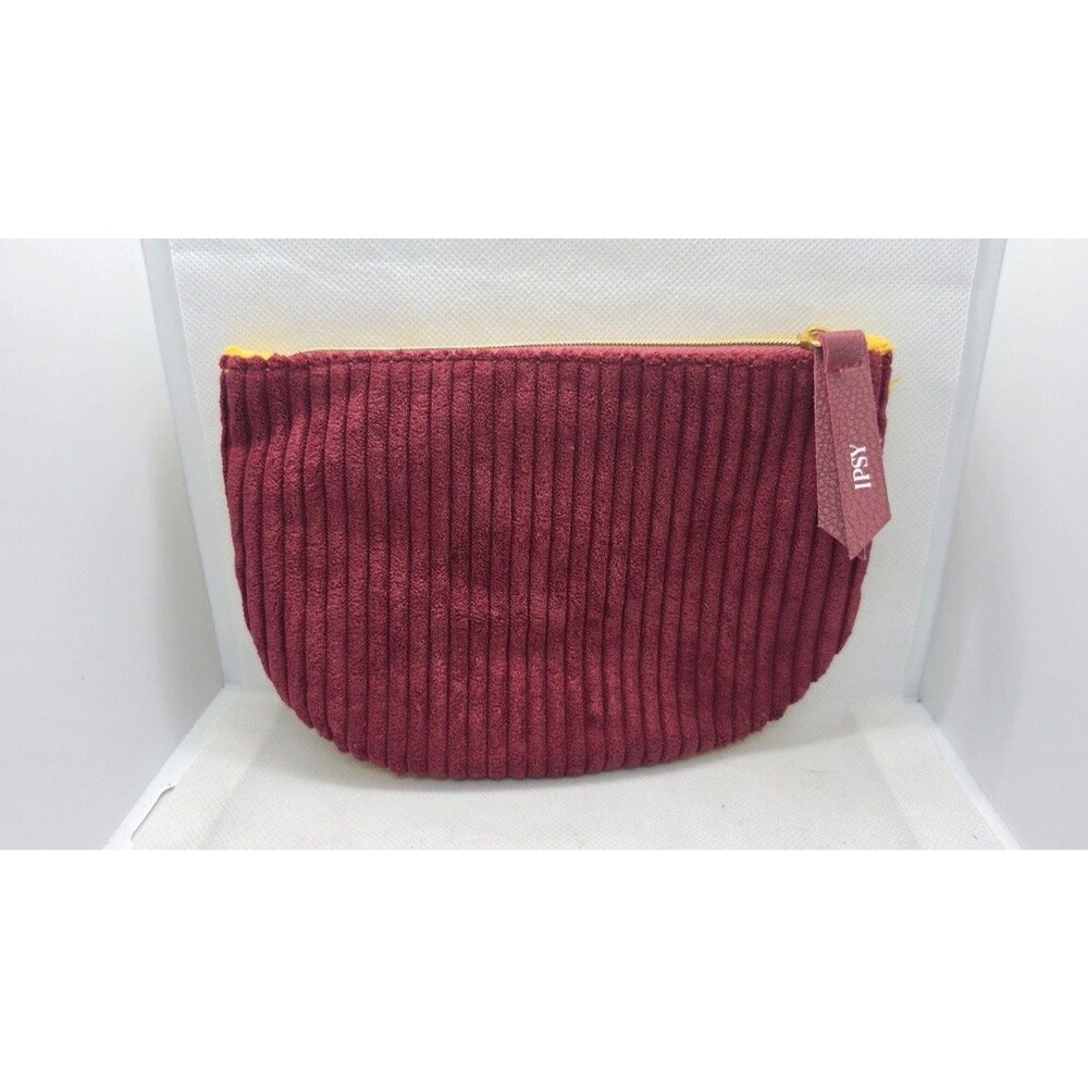 Ipsy Corduroy Fabric Makeup Bag Yellow Burgundy Ribbed Zipper Pouch